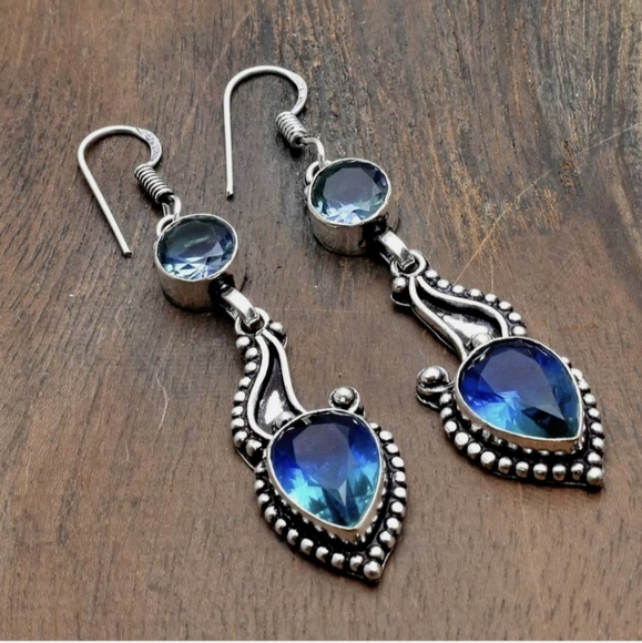 New Bi-Color Tourmaline & Blue Topaz 925 Silver Earrings. - Picture 3 of 15